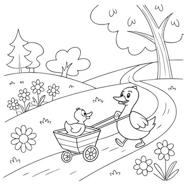 Duck Family Road Trip on Wooden Cart coloring page