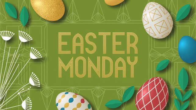 Easter Monday background with eggs and leaves
