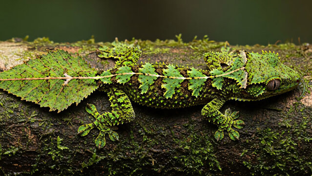 Leaf-tailed Gecko Camouflaged on Mossy Tree Branch