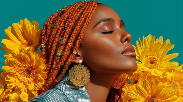 Radiant Woman with Orange Braids and Yellow Sunflowers on Teal
