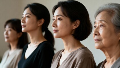 Obraz premium Four Asian women of different generations in profile. Grandmother mother and daughter standing together. International Women's Day concept. Close up portrait of diverse East Asian women