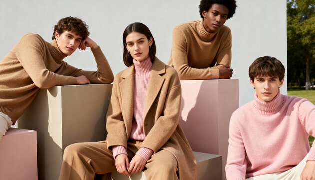 Stylish group of diverse models wearing an autumn winter knitwear collection. Young people in modern camel and pink turtleneck sweaters. Fashion campaign lookbook