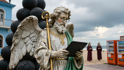 Fototapeta premium Angel With Tablet On Beach