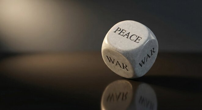 Peace or War? Conceptual Light Gray Six-Sided Die with PEACE and WAR Faces - Symbolic Choice Between Peace and War, Dramatic Spotlight Lighting and Reflection on Glossy Dark Surface, Minimalist Mood