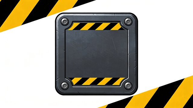 2D game UI buttons, square metal plates, SCP factory style industrial plant, with yellow and black danger warning bars.