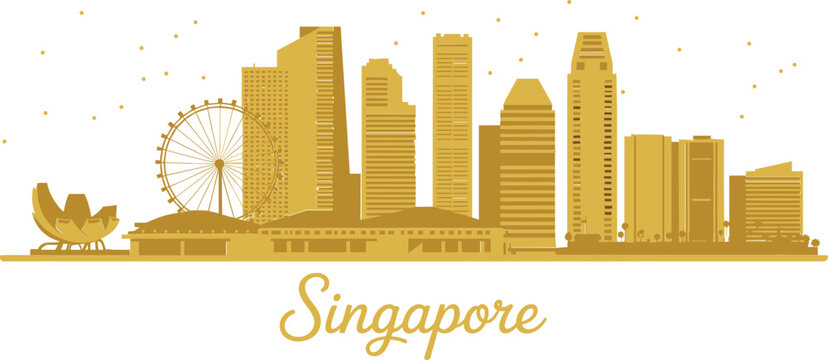 Singapore city skyline vector silhouette, luxury gold landmarks and buildings travel destination design element, Asia