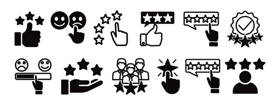 Review icon set. Review And Feedback Line Icon Set Designs. Thin Line Icons Collection. Includes Ratings, Stars, Comments, Likes, And Customer Satisfaction Symbols.