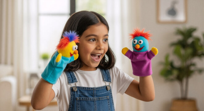 Young girl playing with colorful hand puppets at home. Expressive child acting out a story with toys. Creative play and storytelling concept