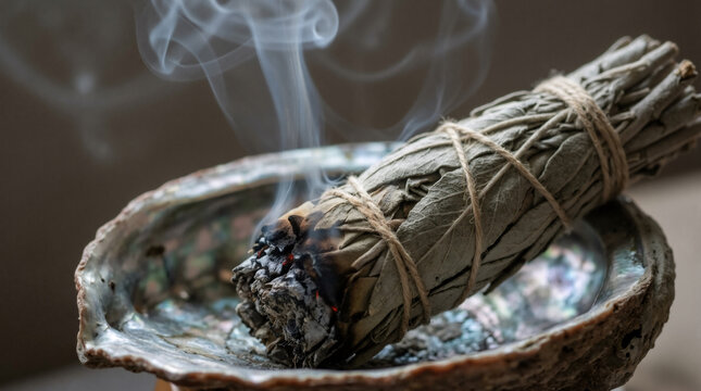 A smoldering white sage smudge stick resting in an iridescent abalone shell. Spiritual cleansing and purification ritual with sacred smoke