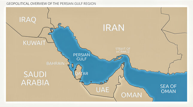 High-detail abstract map illustrating countries along the Persian Gulf, geometric shapes, crisp borders and modern sans-serif labels, minimal aesthetic with scientific clarity.