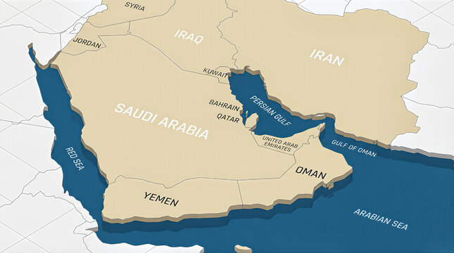 Stylized map of Middle Eastern coastal region featuring Persian Gulf, clean abstract composition with uniform colors, distinct borders and clearly labeled nations in minimal design.
