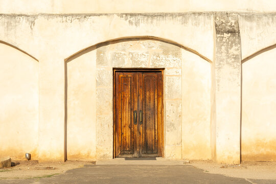 Exterior of the church at Mission San Juan, completed in 1772, at the San Antonio Missions National Park in San Antonio, Texas, USA.
