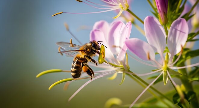 A honey bee collecting nectar and pollen from a delicate pink cleome flower in a garden