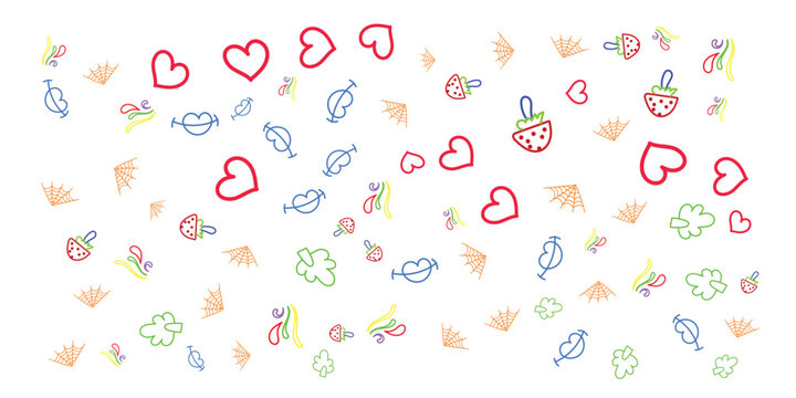 Seamless cute doodle pattern with hearts, strawberries and abstract elements, colorful hand drawn background for kids, textile, wrapping paper and playful design