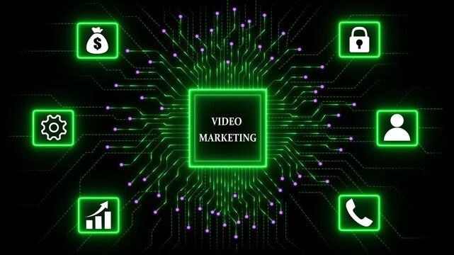 Video Marketing  Technology Network concept with Data Security and Automation. Business, Technology, Internet and network concept. Abstract glowing green circuit board background. 4k video