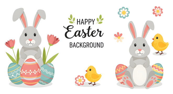 Happy Easter background with cute cartoon bunnies, colorful painted eggs and yellow chicks, spring holiday greeting card with floral elements