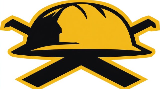 Silhouette of helmet with crossed tools underneath on white background, in gold and black
