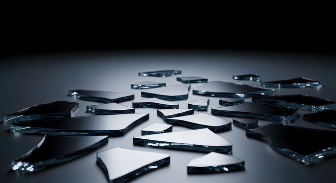 Shattered black mirror pieces on dark background with light reflections