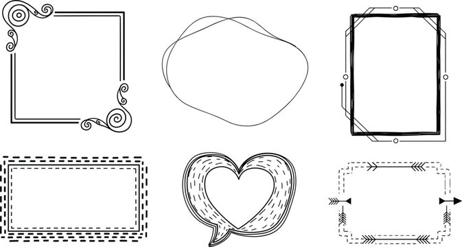 Decorative Frame Icon Set Featuring Curved, Heart-Shaped, and Dotted Border Designs for Invitations, Graphics, and Event Decor