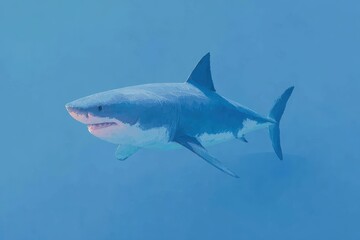 Obraz premium The is a of a great white shark swimming in the ocean. the shark is in the center of the with its body facing towards the right side of the frame.
