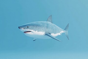 Fototapeta premium The is a of a great white shark swimming in the ocean. the shark is in the center of the with its body facing towards the right side of the frame composition.