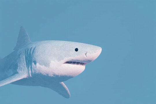 A great white shark swimming in the ocean with its mouth open its white body contrasting against the deep blue of the water.