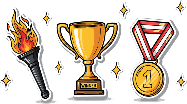 Gold trophy cup with first place winner medal and flaming sports torch for victory achievement and competition success celebration hand drawn vector art illustration
