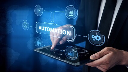 Fototapeta premium Modern automation drives workflow efficiency by connecting systems, people, and data. With intelligent automation, businesses unlock potential through seamless integration and automation tools. Muxer