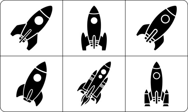 Two rows of three squares featuring different black rocket silhouettes with fins and windows on white background