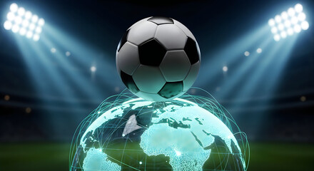 Naklejka premium 3D soccer ball merging with glowing earth under stadium lights for global sports concept
