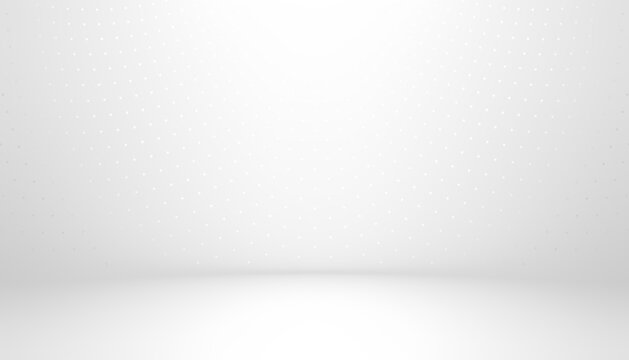 White empty studio minimal background decorated subtle dotted pattern. Stainless surface of smooth wall and floor 3d illumination.