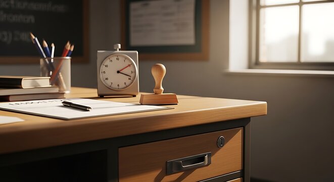 A teachers desk with a lesson plan, a wooden stamp, a clock, and pencils in a holder in a classroom setting