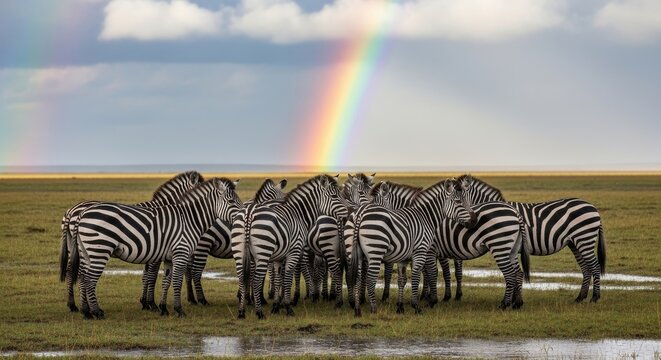 Group of Zebras Standing Together Under Rainbow.