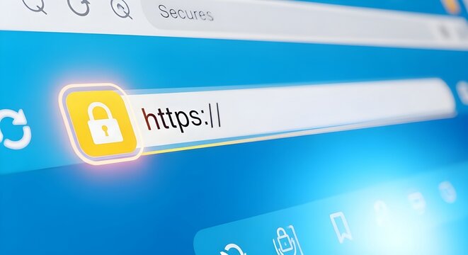 A closeup view of a web browsers address bar displaying a secure https connection with a padlock icon on a blue background with white accents