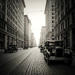 Obraz premium Vintage black and white photograph of old cars on a cobblestone city street with tall buildings on either side in daytime