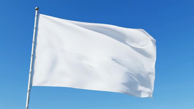 Set of three blank white flags waving against a clear blue sky. Mockup template for custom design and logo placement. Symbol of peace or surrender