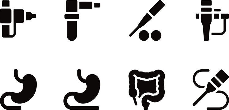 Medical endoscopy and gastroenterology equipment icons set