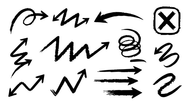 Set of hand-drawn sketchy arrows, pointers, and directional symbols in black ink