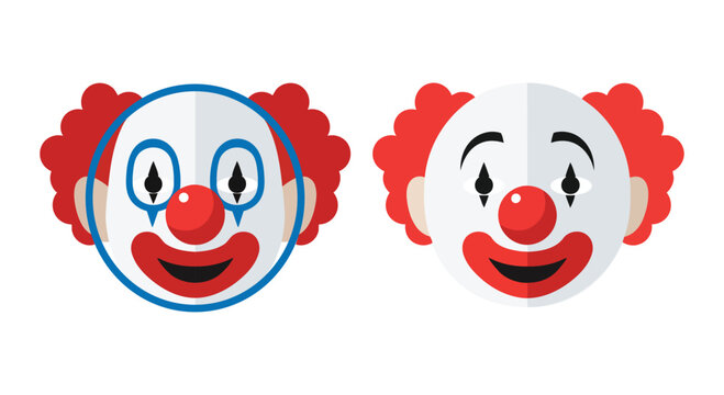Two smiling vector clown face illustrations with different eye makeup for entertainment design.