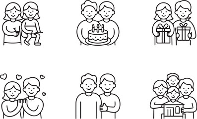 Fototapeta premium Family celebration and relationship line icons set featuring birthday cake gift giving romantic love and happy group moments in outline style