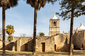 Fototapeta premium Exterior of the church at Mission Concepción, building dedicated in 1755, at the San Antonio Missions National Park in San Antonio, Texas, USA.