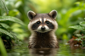 Obraz premium Adorable Raccoon in Spring Forest Stream Captured with Generative AI in Stunning Wildlife Detail