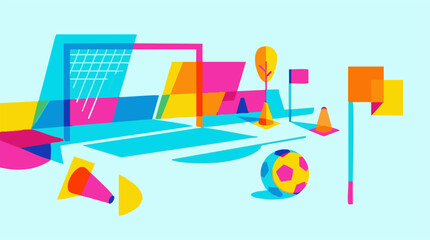 Vibrant abstract illustration of sports equipment and soccer field elements © GraphWorks