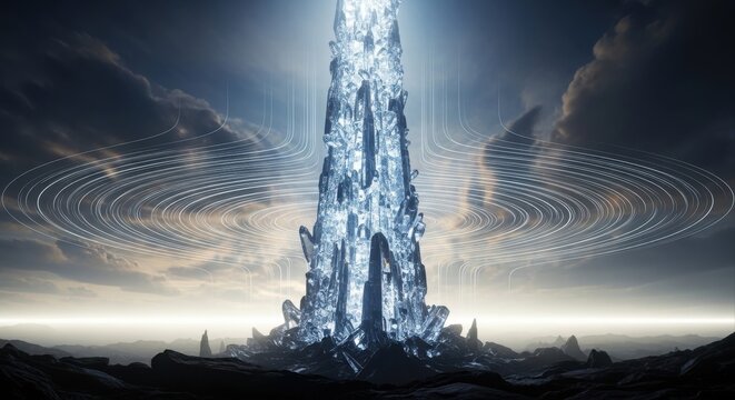 Mysterious Tower with Swirling Clouds and Light.