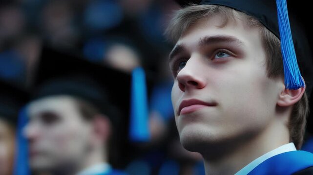Man wearing cap and gown at graduation ceremony.