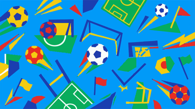 Abstract soccer pattern with colorful balls, goals, and fields on blue background
