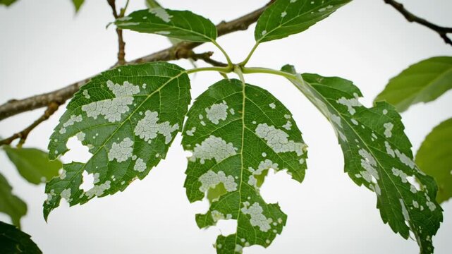 A closeup of a tree branch with green leaves damaged by insects or disease