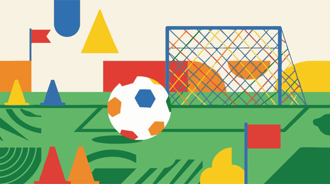 Geometric soccer field with ball, goal, and training elements