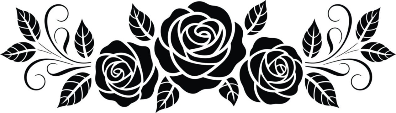 Rose vine border element, romantic black floral design featuring elegant rose vines and decorative leaves for wedding invitation and vintage ornamental layout.