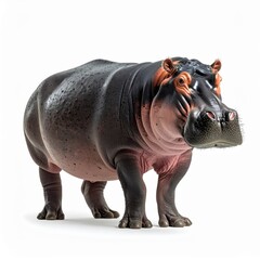 Fototapeta premium Highly detailed studio photograph of a common hippopotamus standing on a solid white background, isolated full body view showcasing wet textured grey skin, pink folds, and stout limbs.